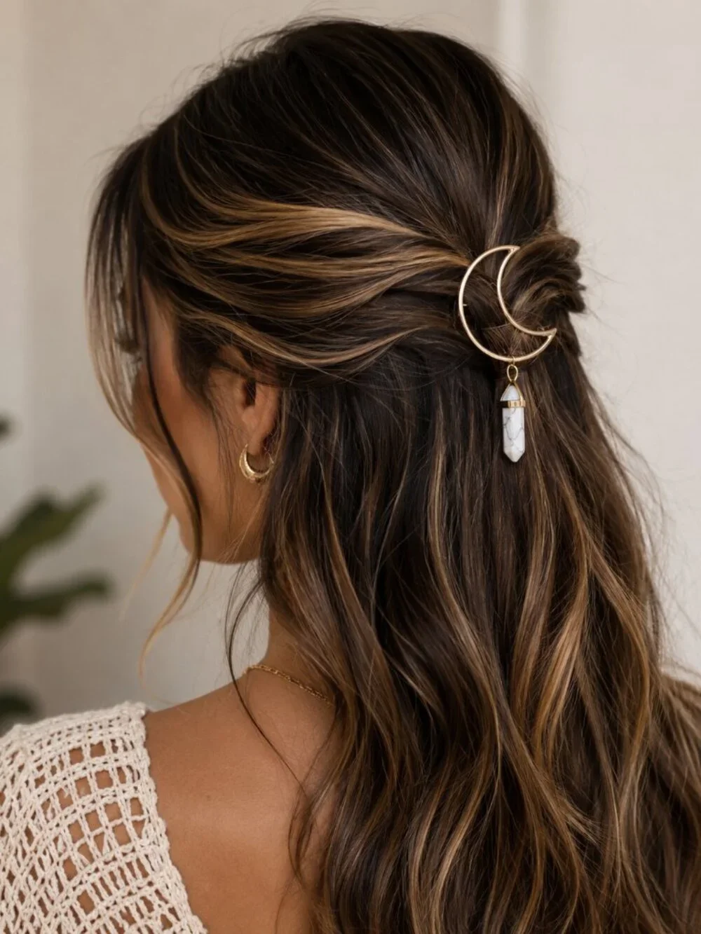 Boho Gold Crescent Moon Hair Pin with White Marble Stone Pendant Celestial Hair